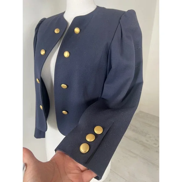 Louis Feraud Cropped Navy Wool Blazer Gold Buttons Size 38 - Picture 3 of 6